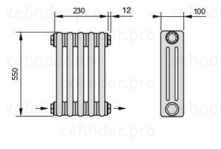 Схема (чертеж) Радиатор Zehnder Charleston 3055/5 №2670 Белый глянцевый RAL 9016
